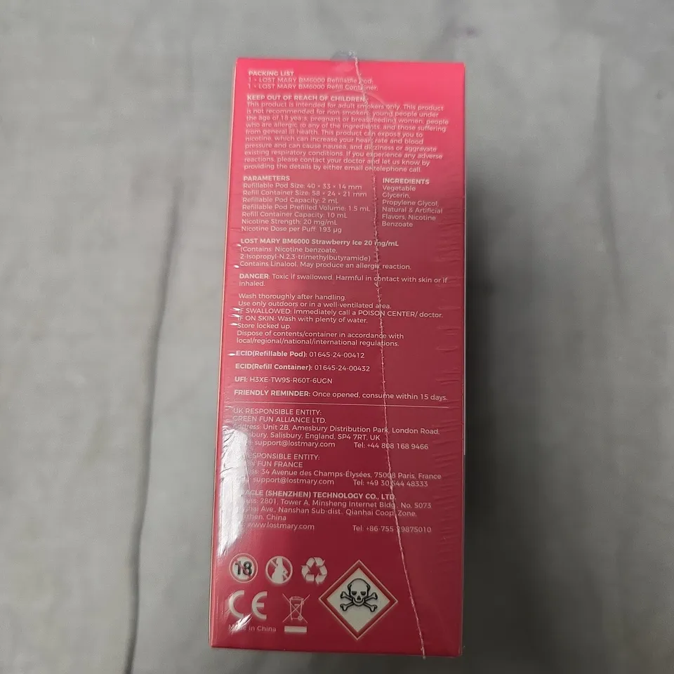 LOST MARY BM6000 REFILLABLE POD KIT – STRAWBERRY ICE (20 MG/ML) - 5-PACK
