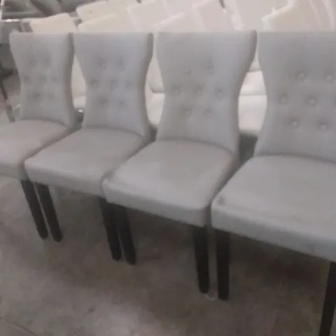 FOUR DESIGNER GREY FAUX LEATHER STUDDED DETAIL DINING CHAIRS WITH BLACK LEGS