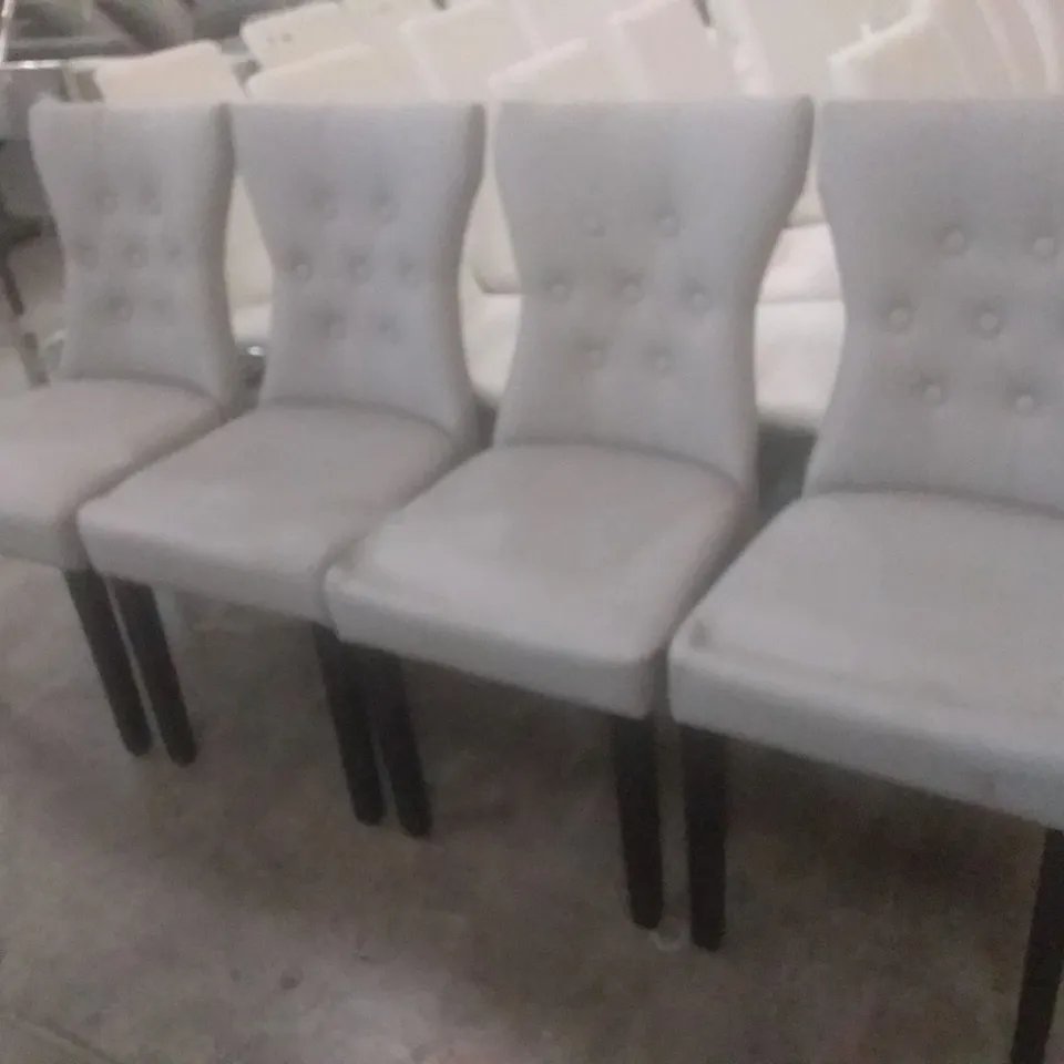 FOUR DESIGNER GREY FAUX LEATHER STUDDED DETAIL DINING CHAIRS WITH BLACK LEGS