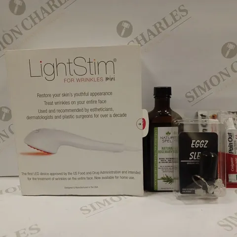 APPROXIMATELY 20 HEALTH AND BEAUTY PRODUCTS TO INCLUDE LIGHSTIM FOR WRINKLES MINI, ROSEMARY OIL. EGGZ EARPLUGS, COLGATE DENTAL PAIN RELIEF GEL ETC.