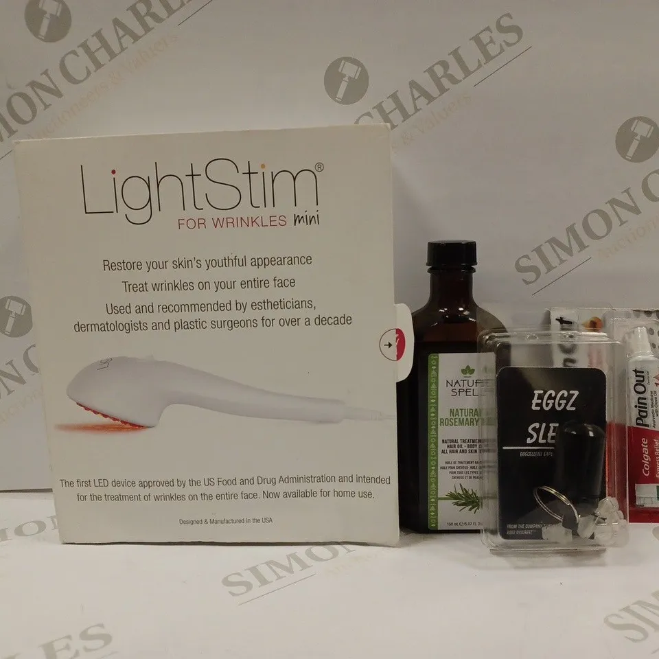 APPROXIMATELY 20 HEALTH AND BEAUTY PRODUCTS TO INCLUDE LIGHSTIM FOR WRINKLES MINI, ROSEMARY OIL. EGGZ EARPLUGS, COLGATE DENTAL PAIN RELIEF GEL ETC. 