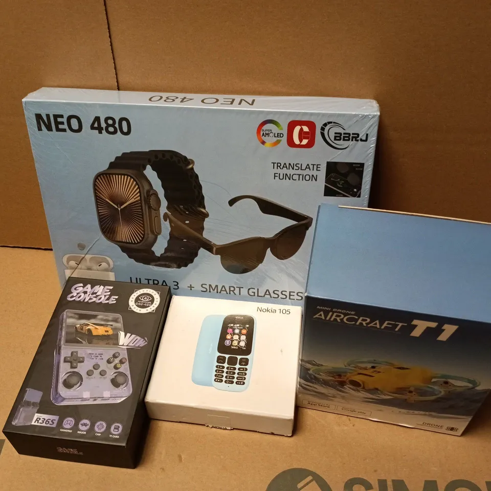 APPROXIMATELY 12 ASSORTED ITEMS TO INCLUDE AIRCRAFT T1 DRONE, NOKIA 105, R36S GAME CONSOLE, ETC