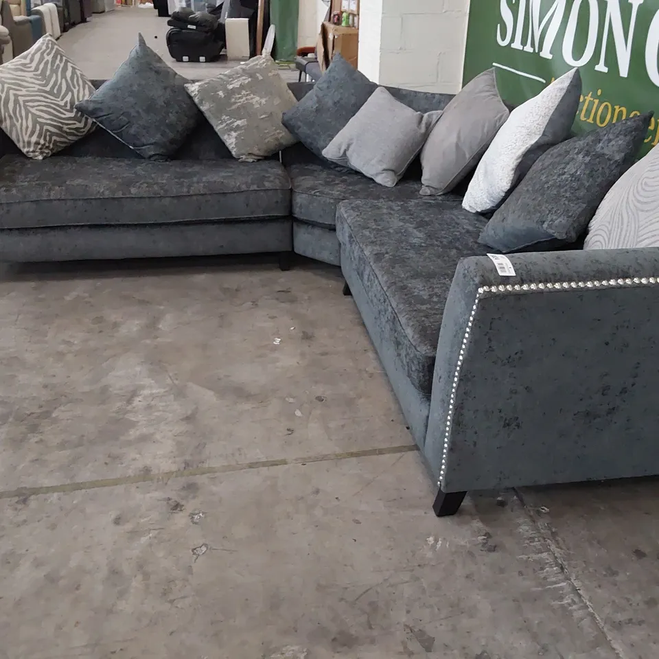 DESIGNER CORNER GROUP GREY FABRIC WITH SCATTER CUSHIONS & STUDDED DETAIL 