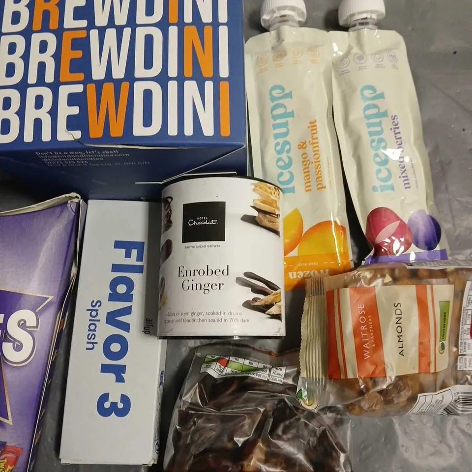 LOT OF 12 ASSORTED FOOD ITEMS TO INCLUDE ALMONDS, HOTEL CHOCOLAT SLICE AND LOOSE LEAF BREWER