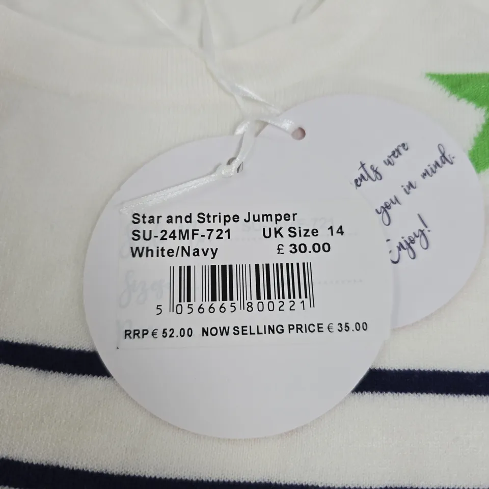 STAR AND STRIPE JUMPER – WHITE/NAVY, UK SIZE 14
