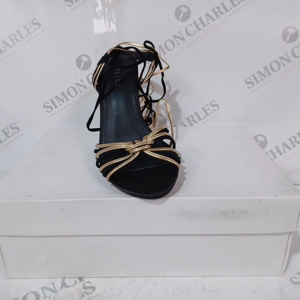 BOXED PAIR OF REISS CASSIDY STRAPPY HEELS IN BLACK/GOLD UK SIZE 4