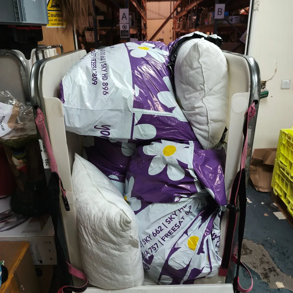 CAGE OF APPROXIMATELY 10 ASSORTED HOUSEHOLD ITEMS INCLUDING PILLOWS AND DUVETS OF VARIOUS SIZES