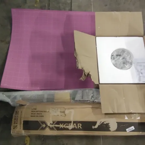 PALLET OF ASSORTED ITEMS INCLUDING 2 SIDED PINK/PURPLE WORK MAT, XGEAR FOLDOUT CAMPING CHAIR, CEILING FAN LAMP, BED RAIL GUARDS FOR ELDERLY ASSISTANCE 