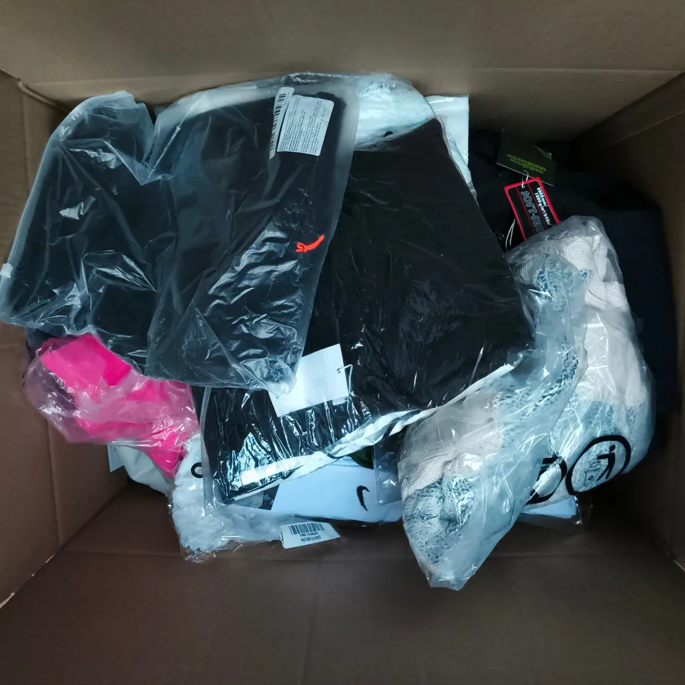 LARGE BOX OF APPROXIMATELY 25 ASSORTED CLOTHING ITEMS IN VARIOUS COLOURS, STYLES AND SIZES - COLLECTION ONLY