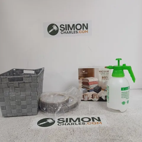 CAGE OF APPROXIMATELY 15 ASSORTED ITEMS INCLUDING A PRESSURE SPRAYER, WILL FORGE VACUUM STORAGE BAG AND SOME PLATES