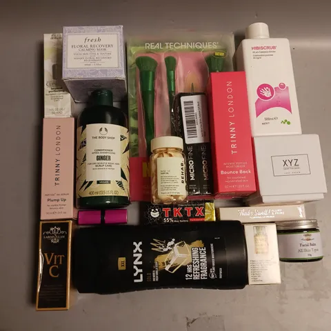 BOX OF APPROX 30 COSMETICS ITEMS TO INCLUDE - HIBISCRUB CUTANEOUS SOLUTION - TRINITY LONDON INTENSE PEPTIDE MOISTURISER - REHAB HAIR OIL ETC