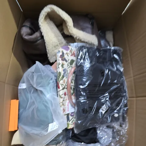 LARGE BOX OF ASSORTED CLOTHING ITEMS IN VARIOUS SIZES, STYLES AND COLOUR 