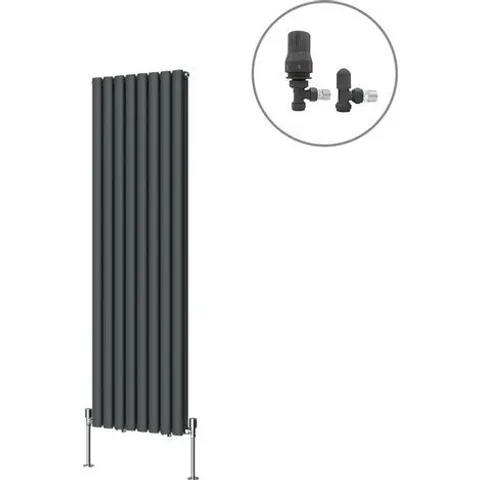 BOXED DESIGNER OVAL COLUMN RADIATOR CENTRAL HEATING RAD ANTHRACITE WITH ANGLED THERMOSTATIC VALVES VERTICAL DOUBLE 1600X472MM
