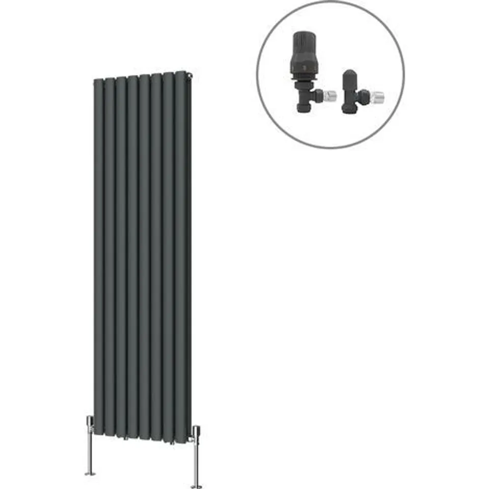BOXED DESIGNER OVAL COLUMN RADIATOR CENTRAL HEATING RAD ANTHRACITE WITH ANGLED THERMOSTATIC VALVES VERTICAL DOUBLE 1600X472MM
