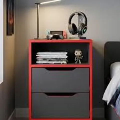 BOXED VORTEX 2 DRAWER BEDSIDE - DARK GREY/RED (1 BOX)