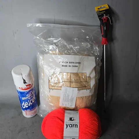 BOX OF APPROXIMATELY 8 ASSORTED BROKEN ITEMS TO INCLUDE - ROLSON SL6 SCREWDRIVER , DOUBLE KNIT YARN , STRETCH SOFA COVER ETC