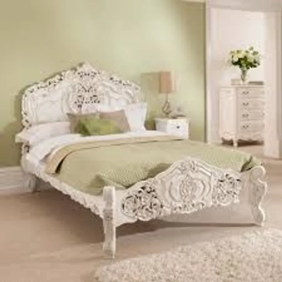 BRAND NEW BOXED HOMESDIRECT 365 ANTIQUE FRENCH ORNATE WHITE KING SIZE BEDFRAME(4 BOXES)