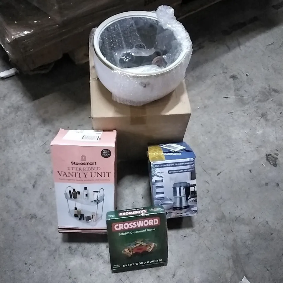 PALLET OF HOUSEHOLD ITEMS TO INCLUDE VANITY UNIT, CROSSWORD GAME, TELESCOPIC LADDERS, GRINDING MACHINE AND OTHER ASSORTED ITEMS...