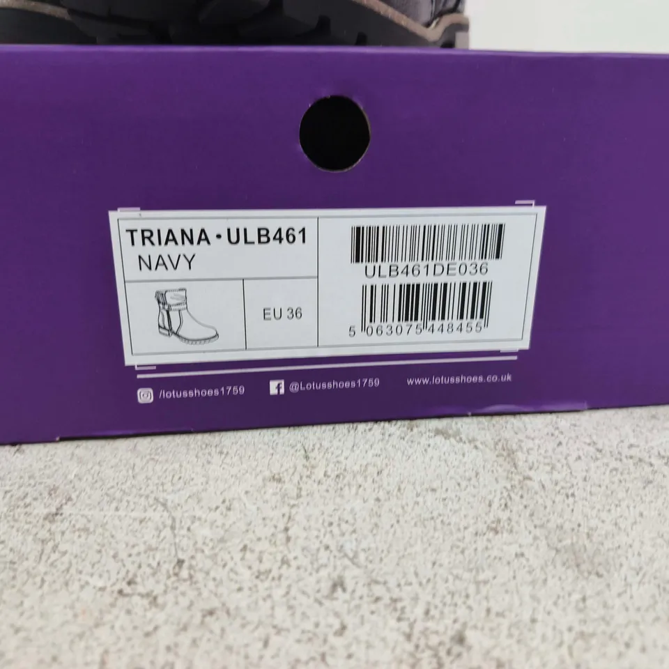 BOXED PAIR OF LOTUS TRIANA NAVY ANKLE BOOT (EU 36)