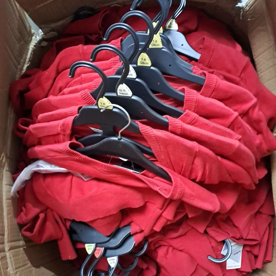 BOX OF APPROXIMATELY 100 SCHOOL JUMPERS IN RED - VARIOUS SIZES - COLLECTION ONLY