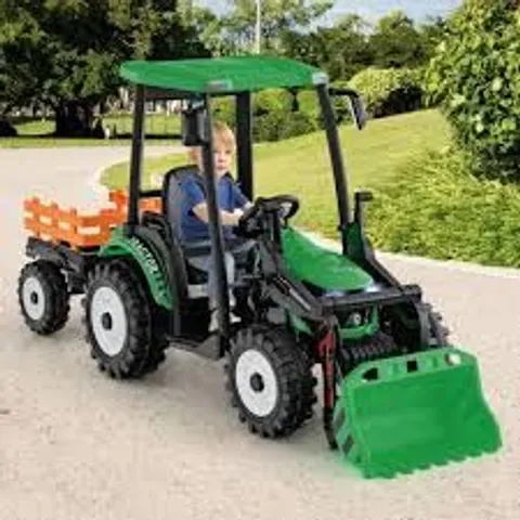 BOXED 12V BATTERY POWERED KIDS RIDE ON TRACTOR WITH TRAILER - GREEN