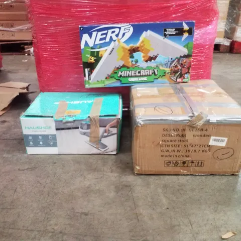 PALLET OF ASSORTED HOUSEHOLD GOODS AND PRODUCTS TO INCLUDE;STEAM CLEANER,NERF GUN,RUBBER WOODEN SQUARE STOOL