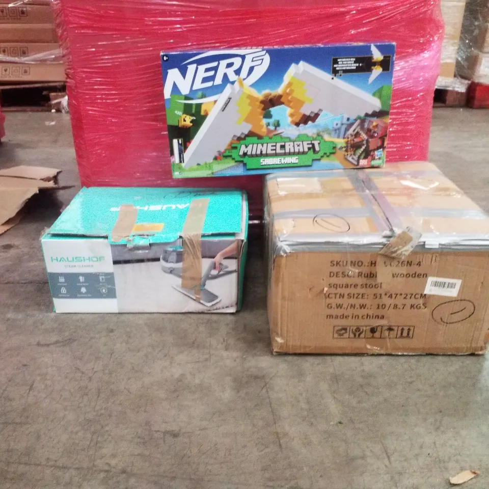 PALLET OF ASSORTED HOUSEHOLD GOODS AND PRODUCTS TO INCLUDE;STEAM CLEANER,NERF GUN,RUBBER WOODEN SQUARE STOOL