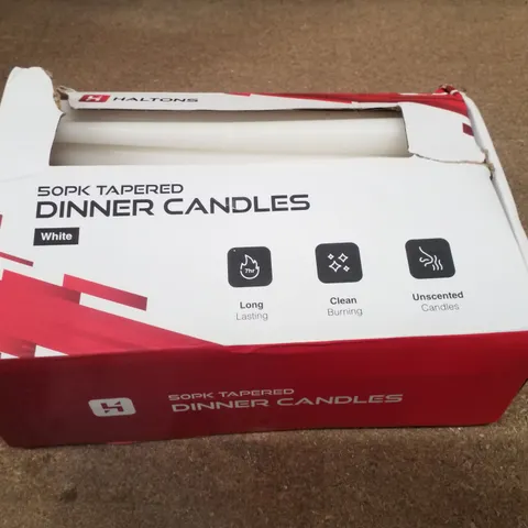 BOX CONTAINING APPROXIMATELY 50 TAPERED DINNER CANDLES
