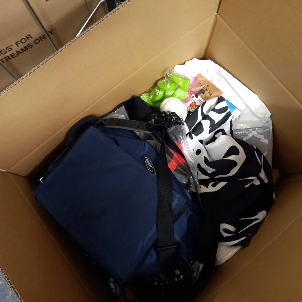 LARGE BOX OF APPROXIMATELY 20 ASSORTED HOUSEHOLD ITEMS TO INCLUDE: SLEEP MASK, BAG, YARN