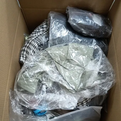 BOX OF APPROXIMATELY 20 ASSORTED CLOTHING ITEMS IN VARIOUS STYLES , COLOURS AND SIZES