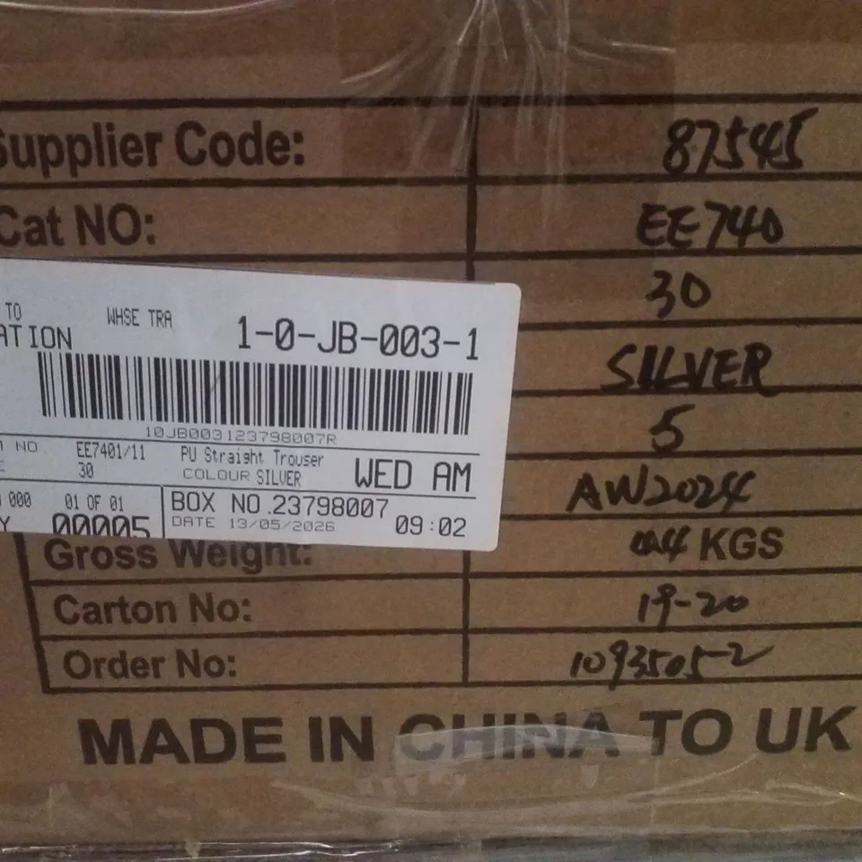 BOX CONTAINING APPROXIMATELY 5 BRAND NEW JD WILLIAMS SILVER PU STRAIGHT TROUSERS - SIZE 30