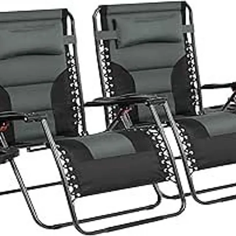 BOXED YAHEETECH ZERO GRAVITY SUNLOUNGER, OUTDOOR MULTI POSITION SOFT PADDED CHAIRS, FOLDABLE PATIO RECLINER W/CARRY STRAP, CUP HOLDER, PILLOW FOR BACKYARD DECK CAMPING SET OF 2