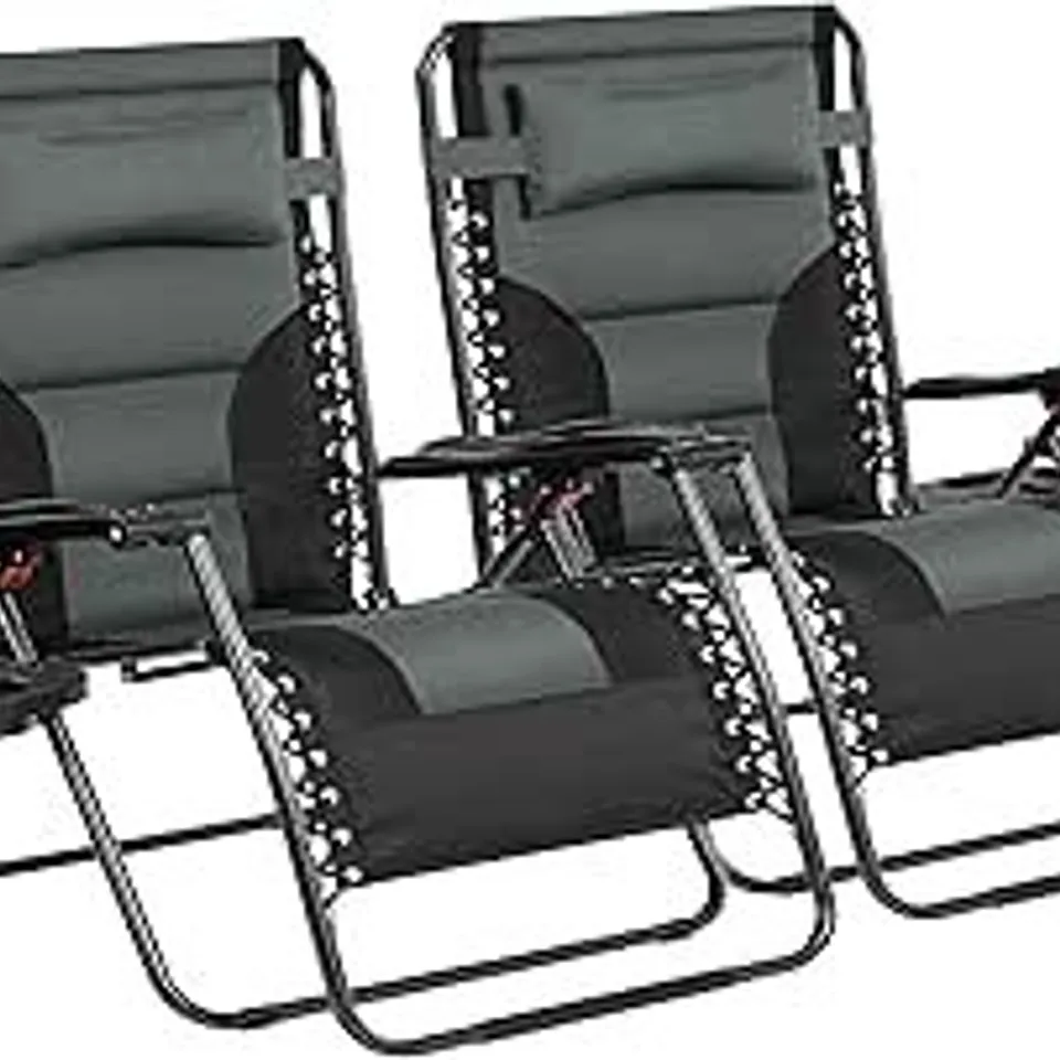 BOXED YAHEETECH ZERO GRAVITY SUNLOUNGER, OUTDOOR MULTI POSITION SOFT PADDED CHAIRS, FOLDABLE PATIO RECLINER W/CARRY STRAP, CUP HOLDER, PILLOW FOR BACKYARD DECK CAMPING SET OF 2
