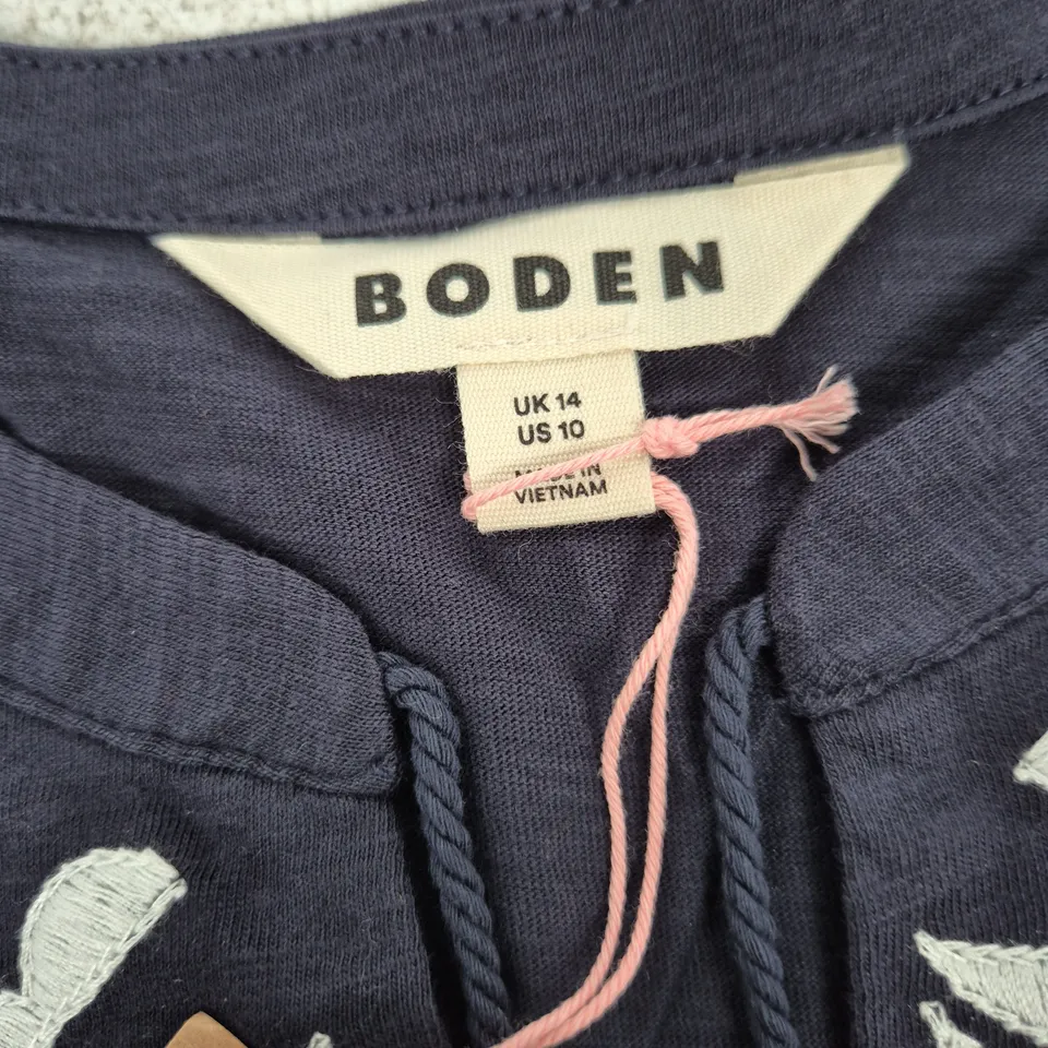 BODEN NAVY EMBROIDERED TOP WITH TASSELS, UK 14 (US 10)