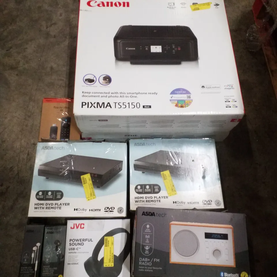 PALLET CONTAINING ASSORTED ELECTRICAL PRODUCTS INCLUDING CANON PRINTER, HDMI DVD PLAYERS, FM RADIO & EARBUDS