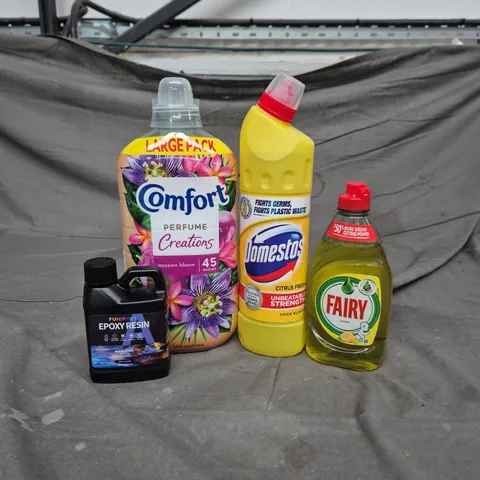 APPROXIMATELY 15 HOUSEHOLD LIQUIDS TO INCLUDE COMFORT FABRIC SOFTENER - DOMESTOS BLEACH AND FAIRY WASHING UP LIQUID