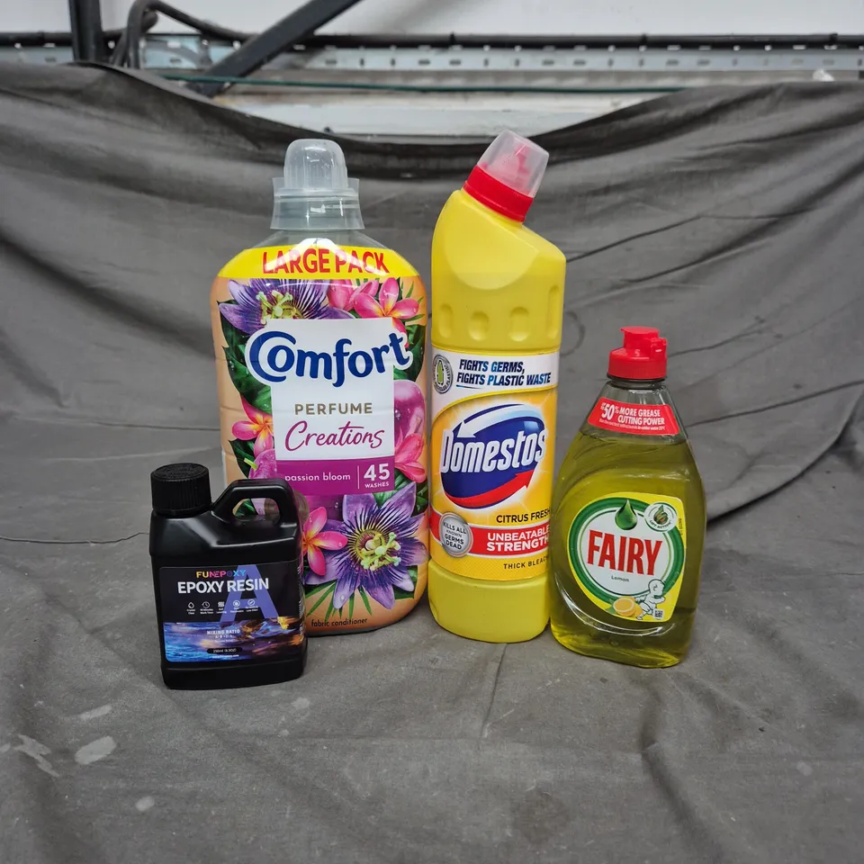 APPROXIMATELY 15 HOUSEHOLD LIQUIDS TO INCLUDE COMFORT FABRIC SOFTENER - DOMESTOS BLEACH AND FAIRY WASHING UP LIQUID