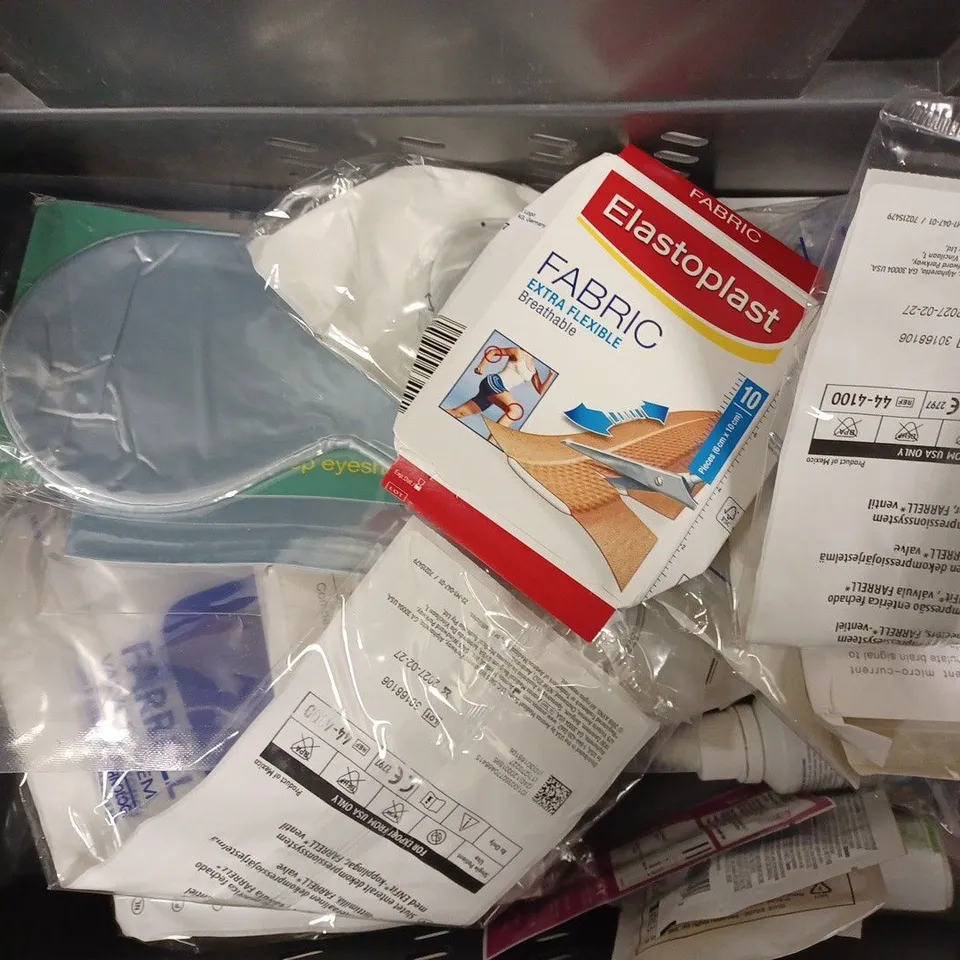 APPROXIMATELY 20 ASSORTED HEALTH PRODUCTS TO INCLUDE CERVICAL VERTEBRA MASSAGER, ANTI-VIRAL NASAL SPRAY, ELASTOPLAST FABRIC, EYE FUSION MULTI-PURPOSE SOLUTION ETC.