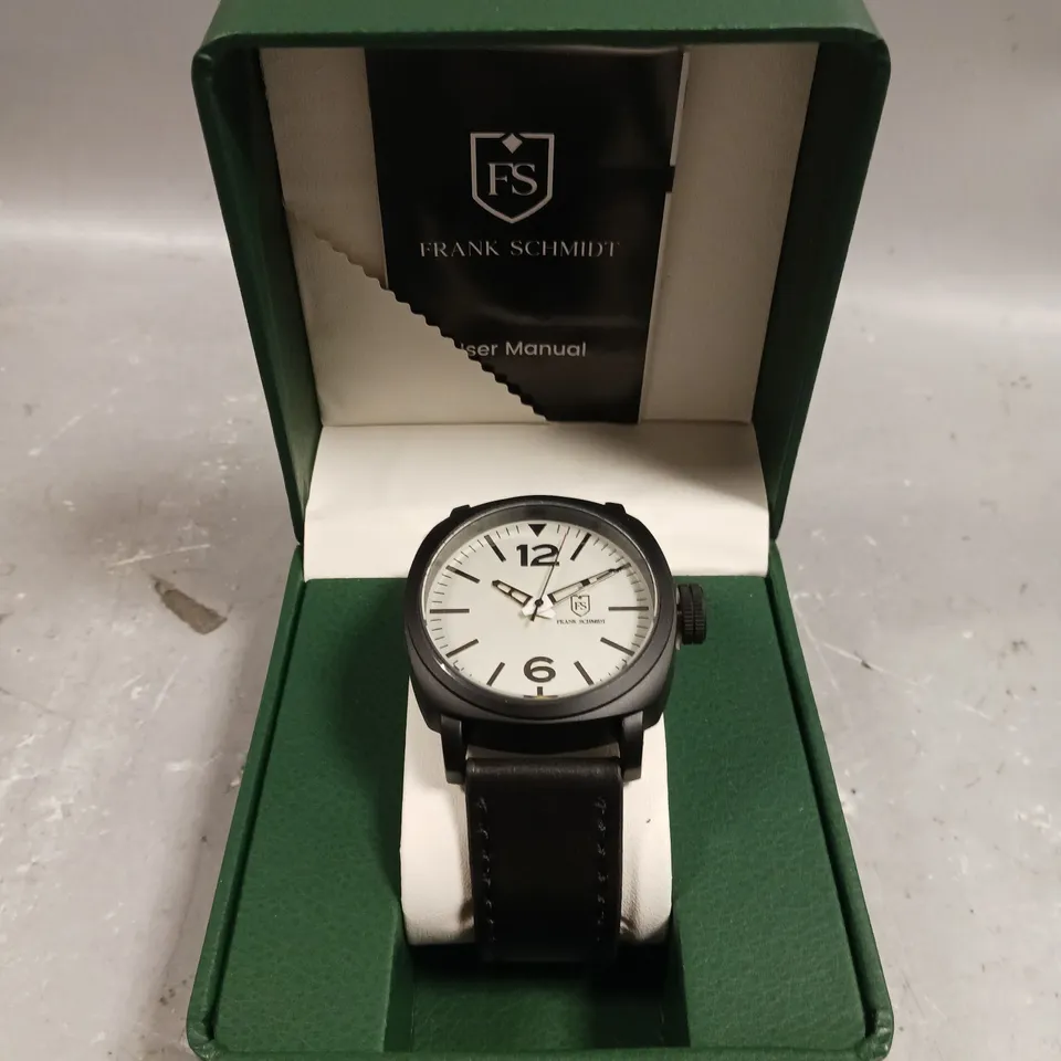 MENS FRANK SCHMIDT WATCH – LARGE BLACK CASE – WHITE PILOT DIAL – BLACK LEATHER STRAP
