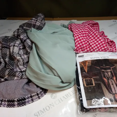 BOX OF ASSORTED CLOTHING ITEMS TOO INCLUDE DRESSES , SHIRTS AND TROUSERS IN VARIOUS SIZES AND COLOURS