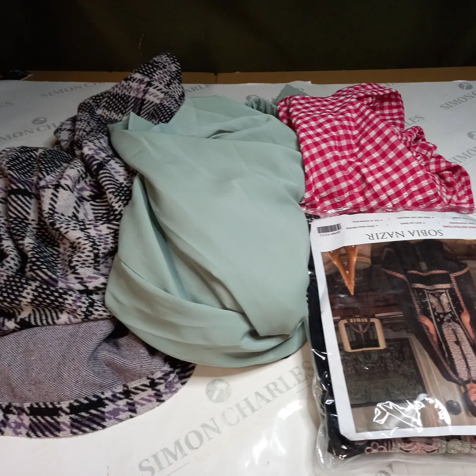  BOX OF ASSORTED CLOTHING ITEMS TOO INCLUDE DRESSES , SHIRTS AND TROUSERS IN VARIOUS SIZES AND COLOURS   