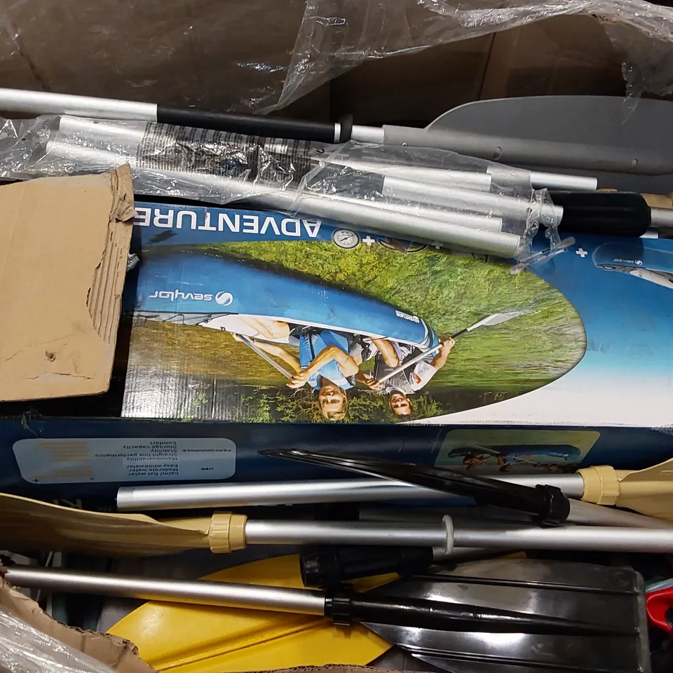 PALLET OF ASSORTED INFLATABLE KAYAKS, PADDLES AND PUMPS