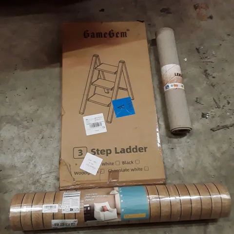 PALLET OF ASSORTED HOUSEHOLD GOODS AND PRODUCT TO INCLUDE; LIVELYNINE PEEL AND STICK WALL PANELS, 3 STEP LADDER, SMALL RUG, BOXED FURNITURE ETC 