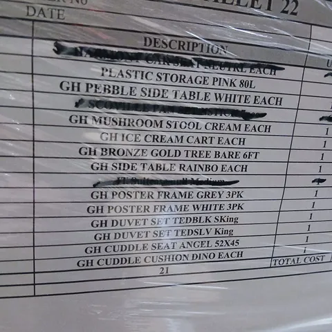 PALLET OF APPROXIMATELY 12 ASSORTED PRODUCTS TO INCLUDE; PLASTIC STORAGE, PEBBLE SIDE TABLE, MUSHROOM STOOL, DUVET SET AND CUDDLE CUSHION DINO