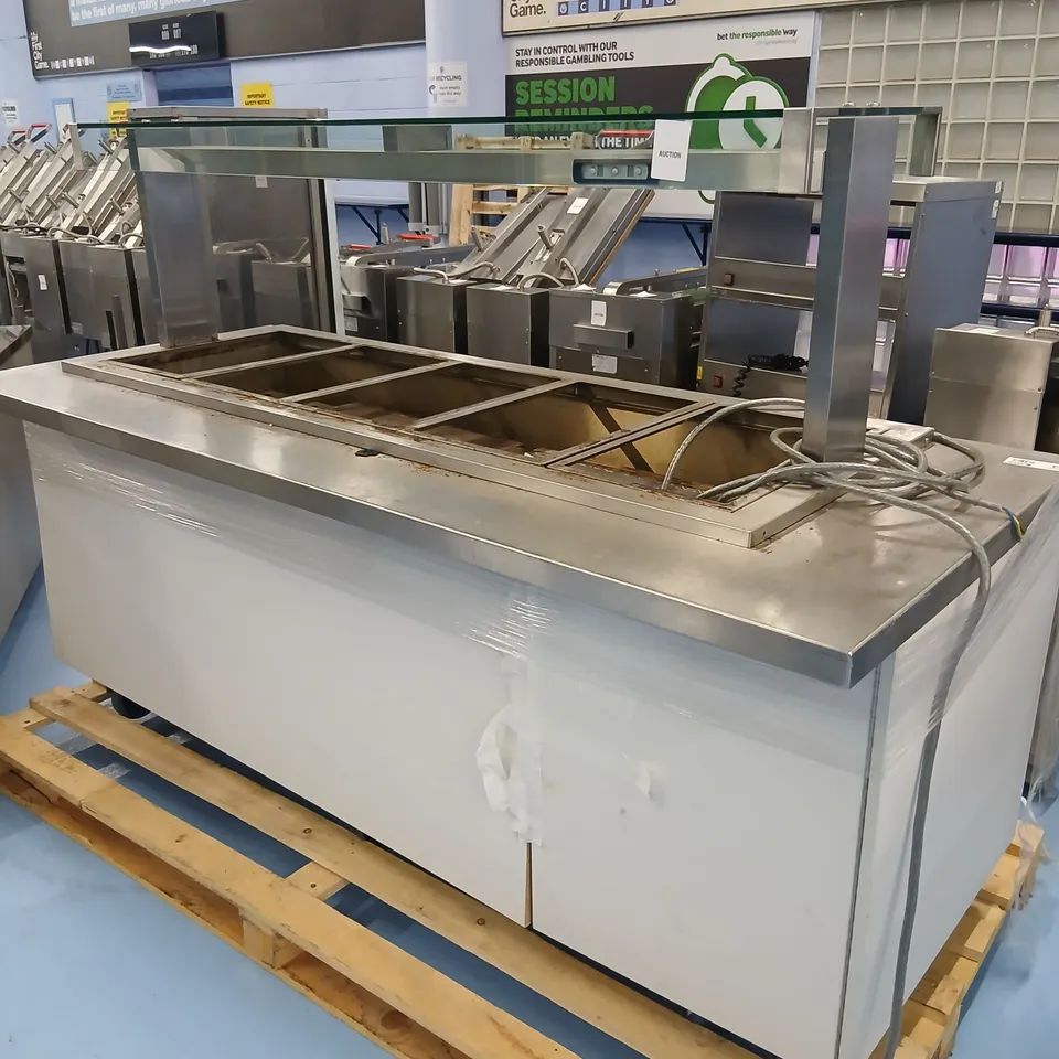 COMMERCIAL CATERING COUNTER / PREP STATION – STAINLESS STEEL, WITH GLASS SNEEZE GUARD FRAME