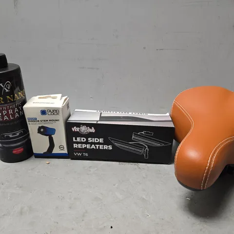BOX OF APPROXIMATELY 14 ASSORTED ITEMS TO INCLUDE - BIKE SEAT , LED SIDE REPEATERS , QUAD LOCK MIRROR STEM MOUNT ETC