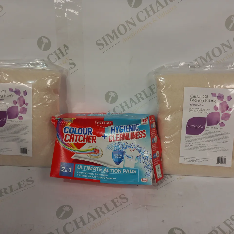 BOX OF APPROXIATELY 15 ASSORTED HOUSEHOLD ITEMS TO INCLUDE CASTOR OIL PACKING FABRIC, DYLON ULTIMATE ACTION PADS, ETC