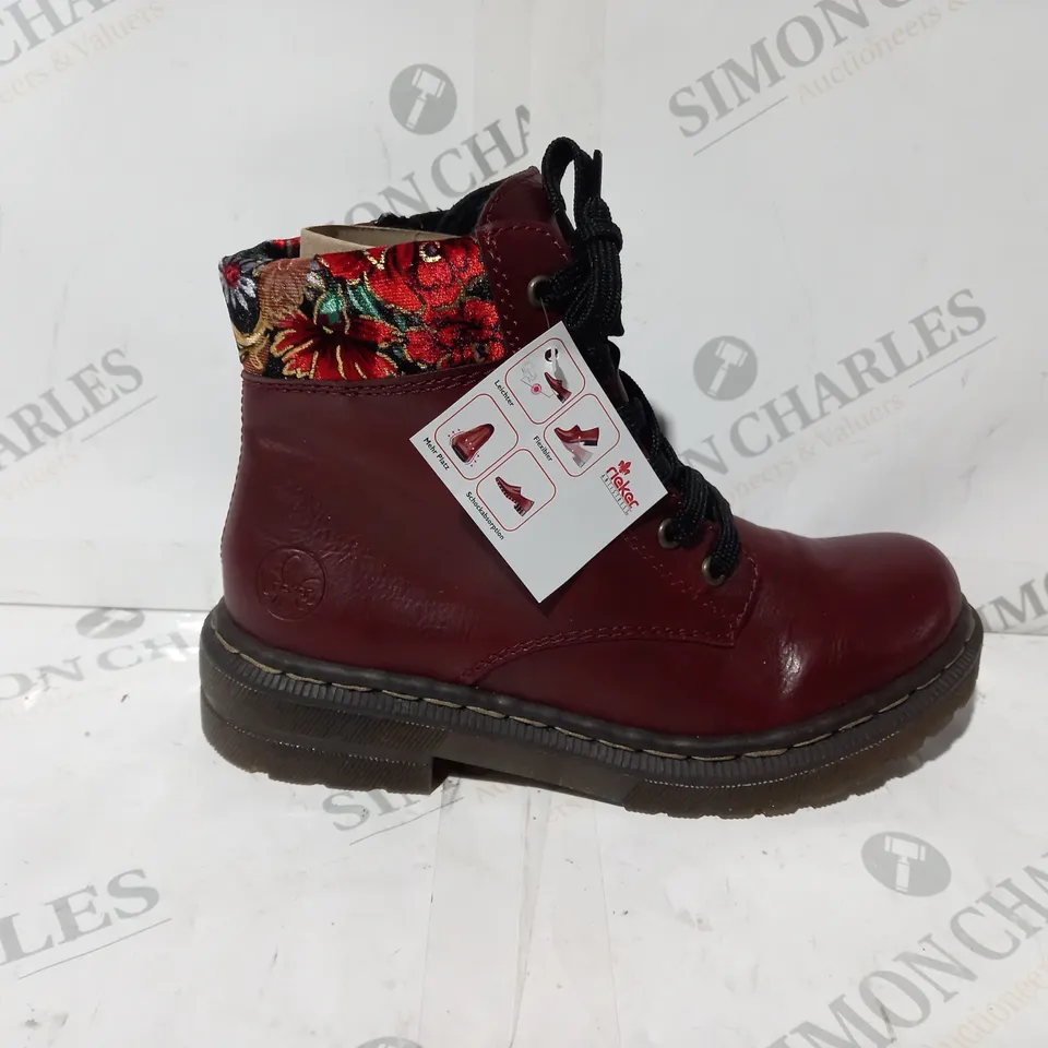 BOXED PAIR OF RIEKER LACE UP BOOTS WITH INTEREST COLLAR IN RED UK SIZE 5