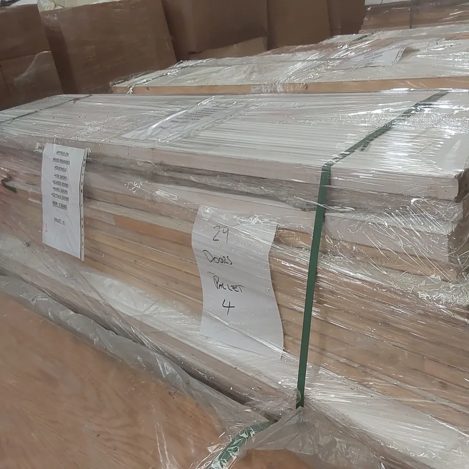 PALLET CONTAINING APPROXIMATELY 29x MIXED BRANDED HOUSEHOLD FIRE DOORS, GLAZED DOORS, PANEL DOORS, COTTAGE DOORS ECT