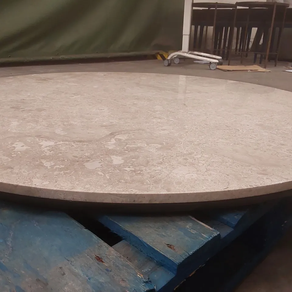 DESIGNER BROWN MARBLE DINING TABLE WITH SOLID WOOD BASE - MISSING SCREWS (2 ITEMS)
